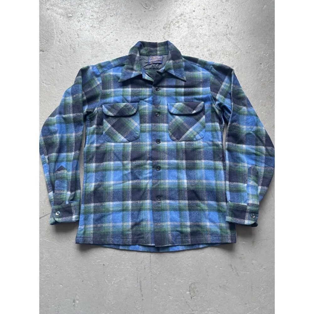 Vintage 60s Pendleton Board Shirt Green Blue Plaid S